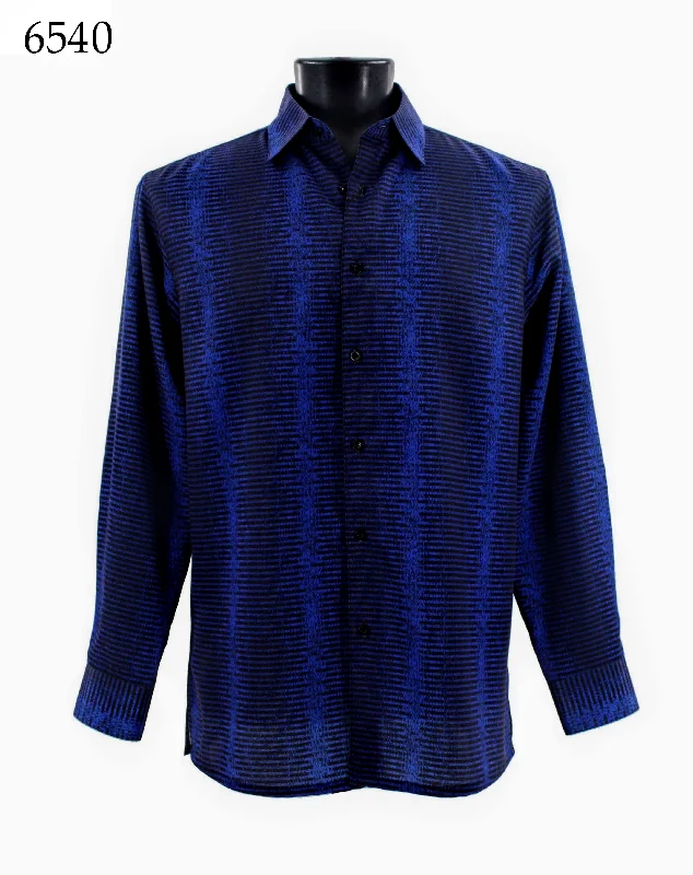 Bassiri Long Sleeve Button Down Casual Printed Men's Shirt - Stripe Pattern Royal Blue #6540 Stylish Men's Neon