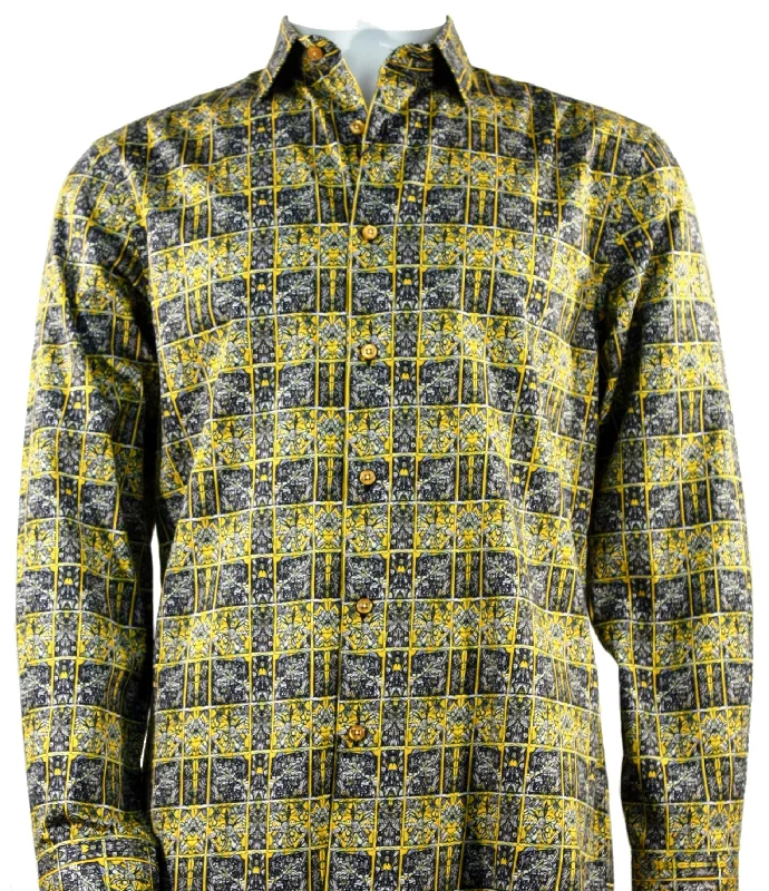 Cado Long Sleeve Button Down Men's Fashion Shirt - Floral Pattern Yellow #162 Traditional Men's Wool