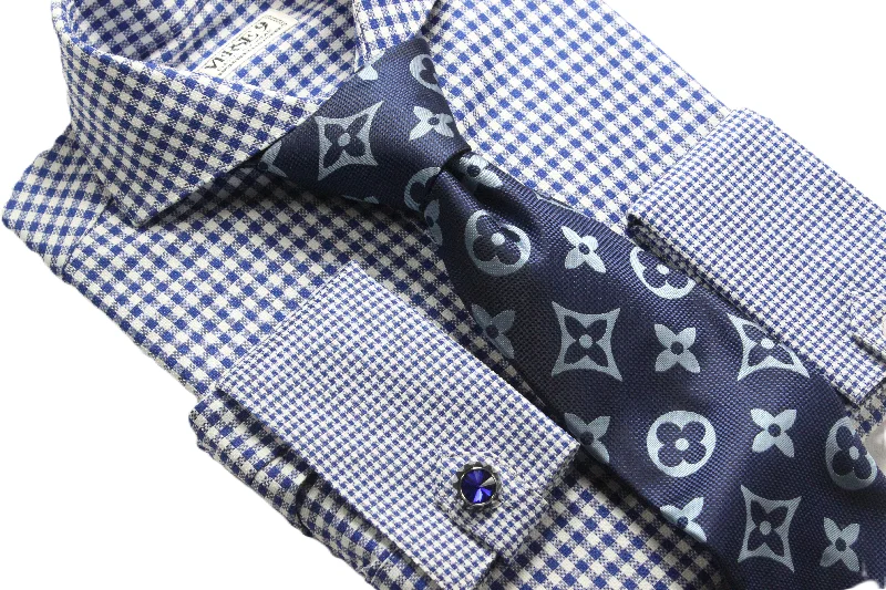 Spread Collar | Royal Blue Check | French Cuff Shirt Elegant Men's Cashmere