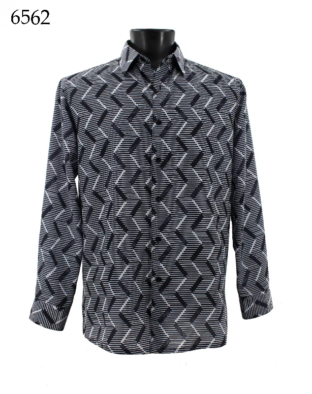 Bassiri Long Sleeve Button Down Casual Printed Men's Shirt - Vertical Zig Zag Pattern Black & White #6562 Classic Men's Pin