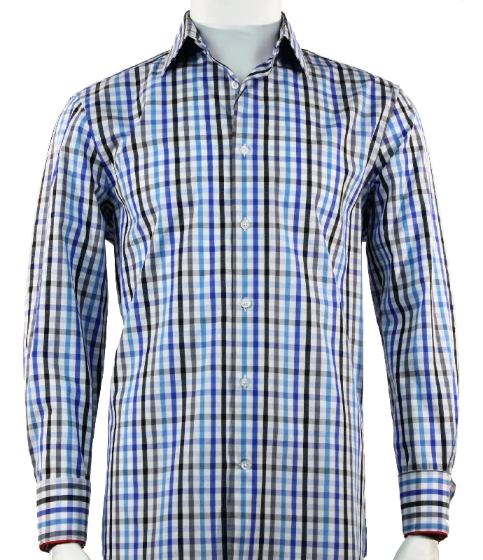 Cado Long Sleeve Button Down Men's Fashion Shirt - Plaid Pattern Blue #252 Sophisticated Men's French