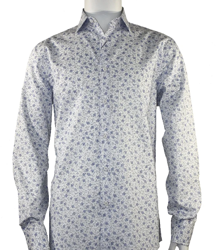 Cado Long Sleeve Button Down Men's Fashion Shirt - Leaf Pattern White #167 Polished Men's Silk