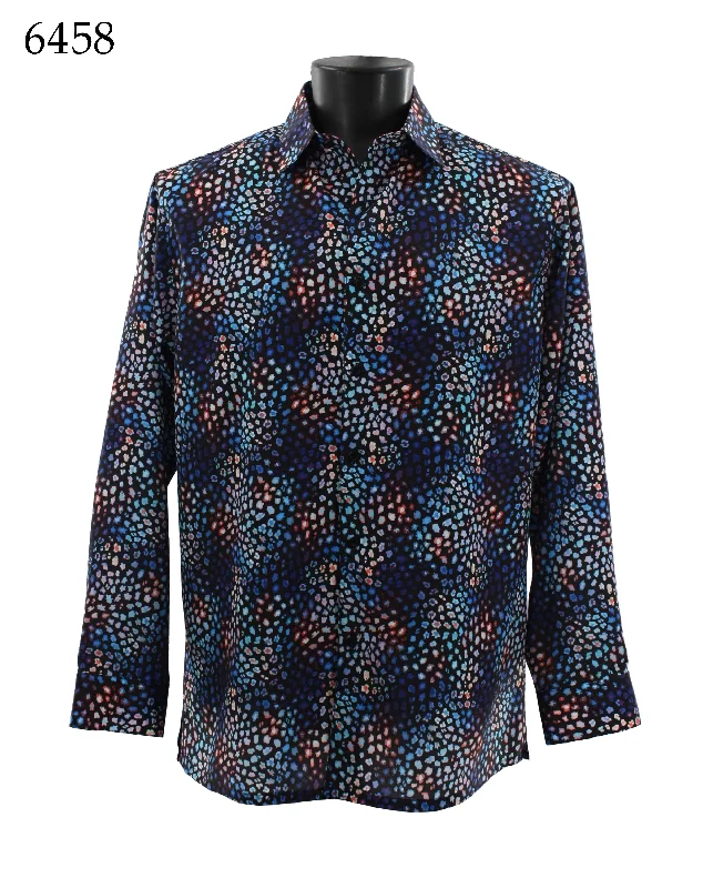 Bassiri Long Sleeve Button Down Casual Printed Men's Shirt - Cheetah Pattern Navy #6458 Monochromatic All