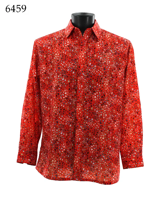 Bassiri Long Sleeve Button Down Casual Printed Men's Shirt - Cheetah Pattern Red #6459 Earthy Men's Sustainable 