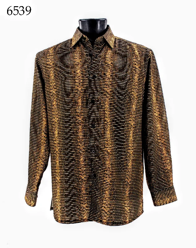 Bassiri Long Sleeve Button Down Casual Printed Men's Shirt - Stripe Pattern Gold #6539 Organic