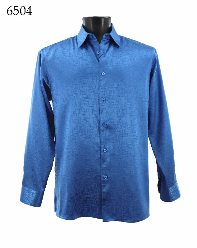 Bassiri Long Sleeve Button Down Casual Printed Men's Shirt - Shiny Tone-on-Tone Pattern Royal Blue #6504 Trendy Men's Scandinavian