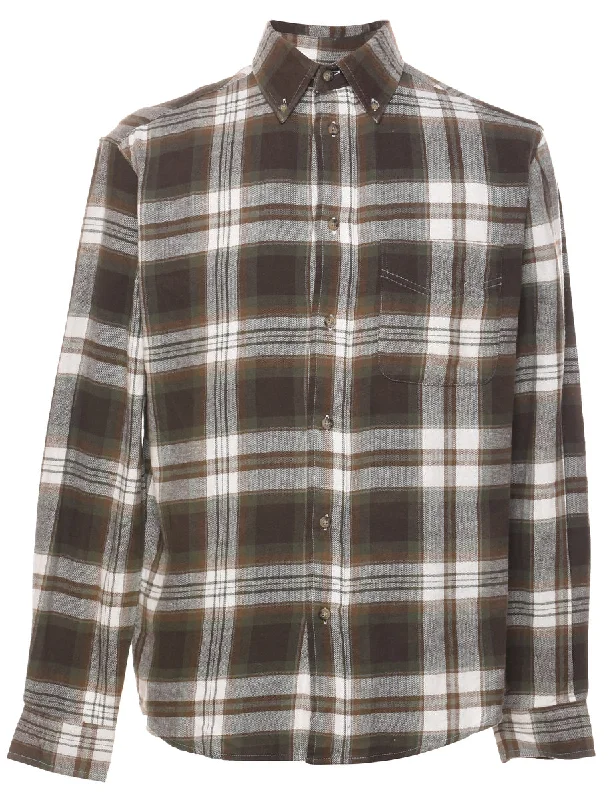 Olive Green & White Flannel Checked Shirt - S Minimalist Men's Casual 