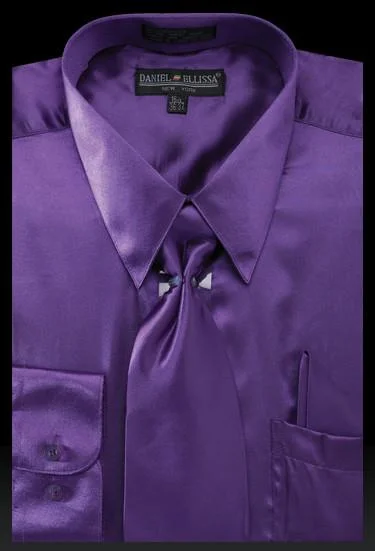 Men's Purple Satin Dress Shirt with Tie & Handkerchief Luxurious Men's High