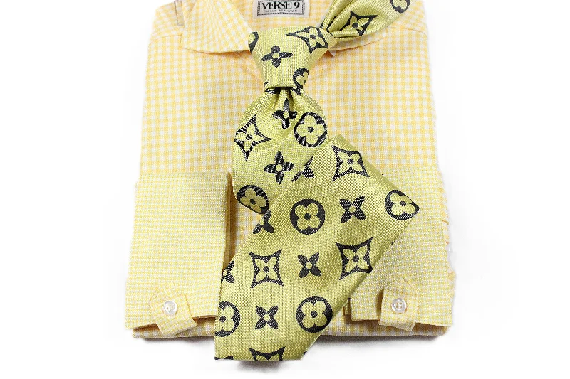 Spread Collar | Yellow Check | French Cuff Shirt Casual Men's Loose