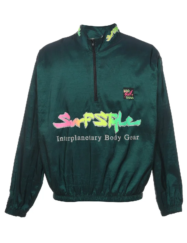 Dark Green & Multi-Colour Printed Quarter-Zip 1990s Winbreaker - XL Traditional Men's Country