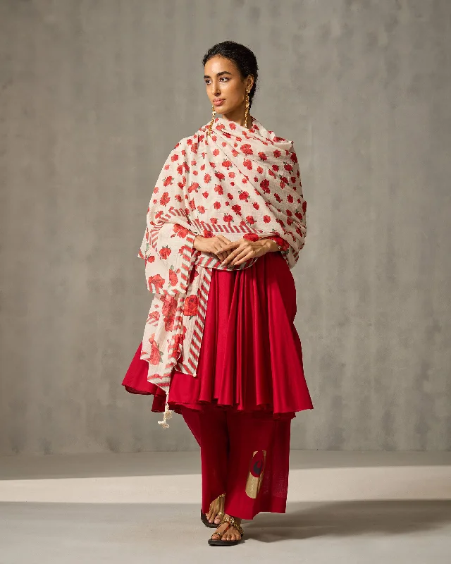 Bentota Dupatta - Ivory & Red Print Refined Men's Velvet