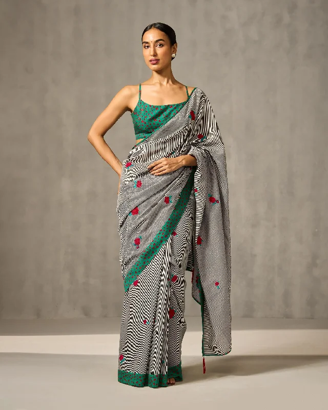 Striped Rose Sari - Black & Ivory Embroidered Traditional Men's Wool