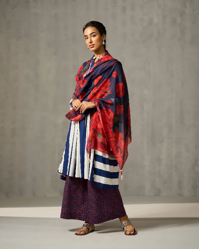 Autumn Bloom Dupatta - Navy & Red Print Masculine Men's 